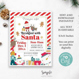 Editable Breakfast with Santa Template, Digital Download, Holiday Party Flyer for School or Church Festival,  Printable Christmas Flyer