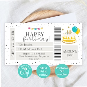 Editable Birthday Gift Voucher, Printable Bday Certificate Template, Custom Gift Ideas For Teenagers, Presents for Teens, Money Holder V5