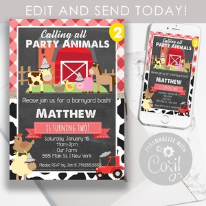 May include: A birthday invitation with a farmyard theme. The invitation features cartoon farm animals, a red barn, and the text "Calling all PARTY ANIMALS." The invitation is for a child named Matthew, who is turning two.