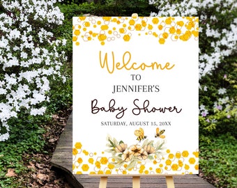 Honey Baby Shower Welcome Sign Bumble Bee Baby Shower Poster  Watercolor Flowers with Bees Editable Printable Download Bee112