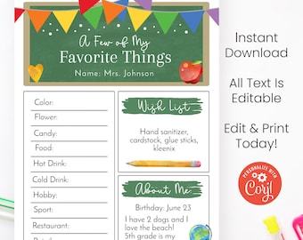 Printable Teachers Favorites Template | School Appreciation Supplies Themed Handout Editable with Corjl | Room Mom PDF | Print Today