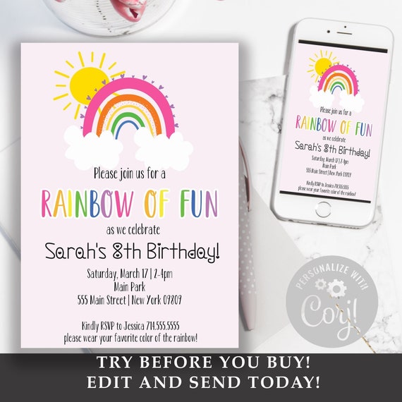 Printable Rainbow Birthday Party Invitation Girl Birthday - Etsy