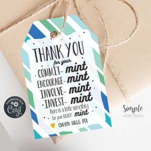 Printable Thank You Tags, Appreciation Tags for Teachers Volunteers and Staff, Mint Tags, Gum Tags, Editable With Corjl, Instant Download