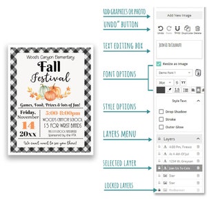 May include: A black and white checkered flyer with a fall festival announcement. The flyer has a title that says "Wood's Canyon Elementary Fall Festival". The flyer also includes the date, time, and location of the event. The flyer is decorated with pumpkins and fall leaves.