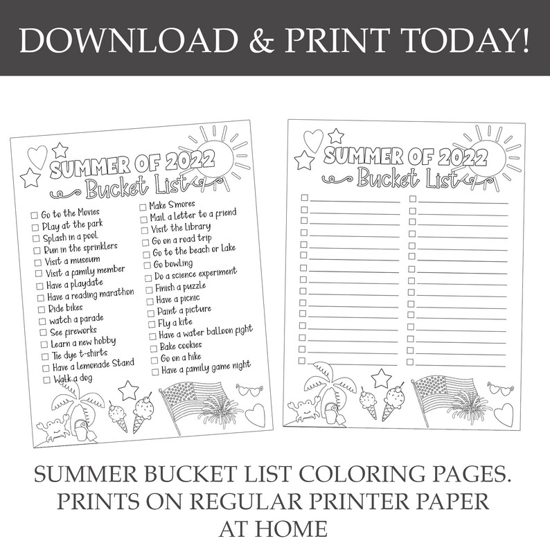 Summer Bucket List Coloring Page Summertime Ideas Things to Etsy