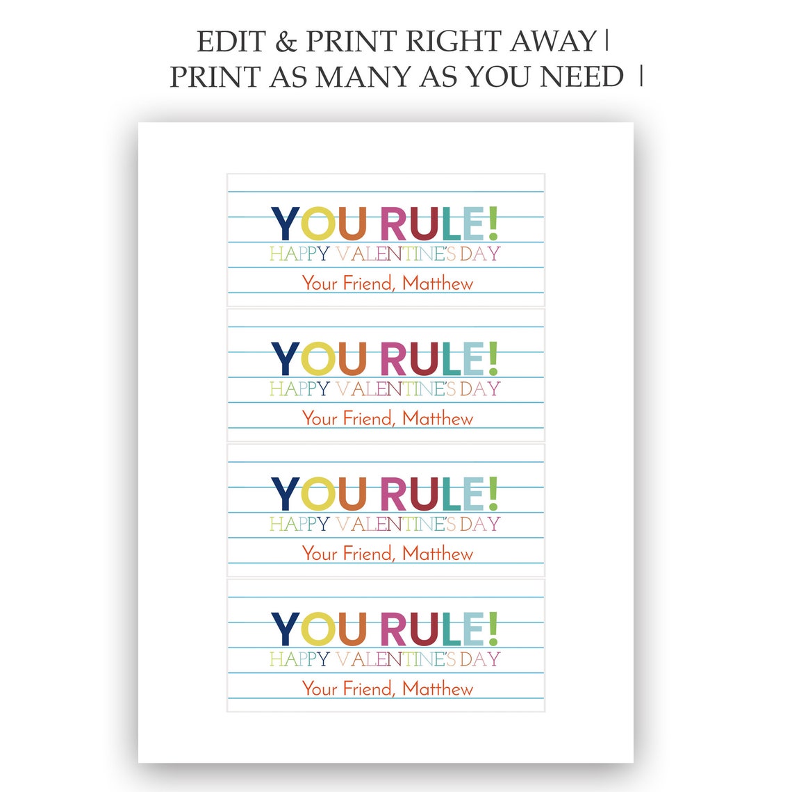 Happy Friend Ruler Printable Valentine's Day You Rule Cards for Classroom Parties, Non ...