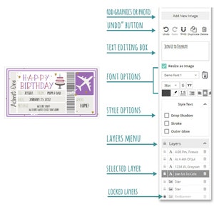 May include: A purple and pink airplane ticket with the text "Happy Birthday" and a birthday cake graphic. The ticket has a bar code and the text "Admit One". The image shows a screen with options for editing the ticket, including adding graphics, text, and fonts.