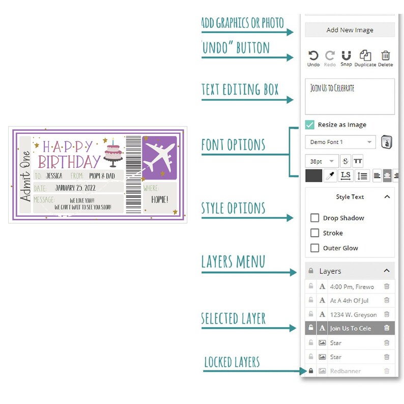 May include: A purple and pink airplane ticket with the text "Happy Birthday" and a birthday cake graphic. The ticket has a bar code and the text "Admit One". The image shows a screen with options for editing the ticket, including adding graphics, text, and fonts.
