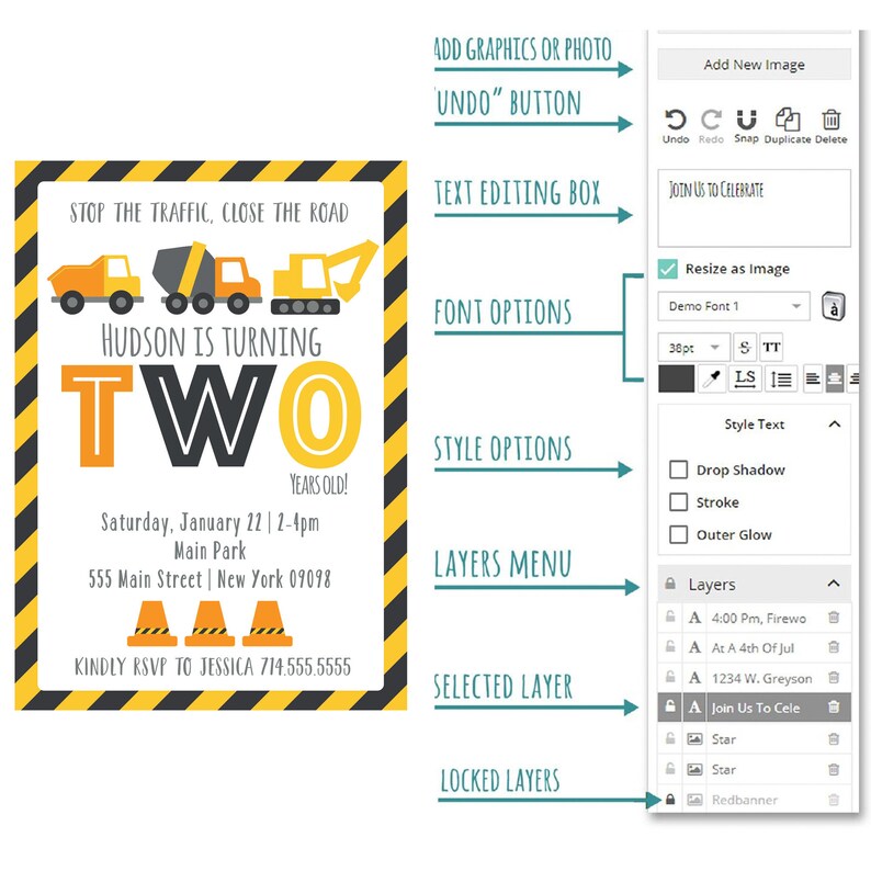 May include: A construction-themed birthday invitation for a child turning two. The invitation features a yellow and black striped background with construction vehicles and the text "STOP THE TRAFFIC, CLOSE THE ROAD" at the top. The text "HUDSON IS TURNING TWO YEARS OLD!" is in the center of the invitation. The invitation also includes the date, time, and location of the party.
