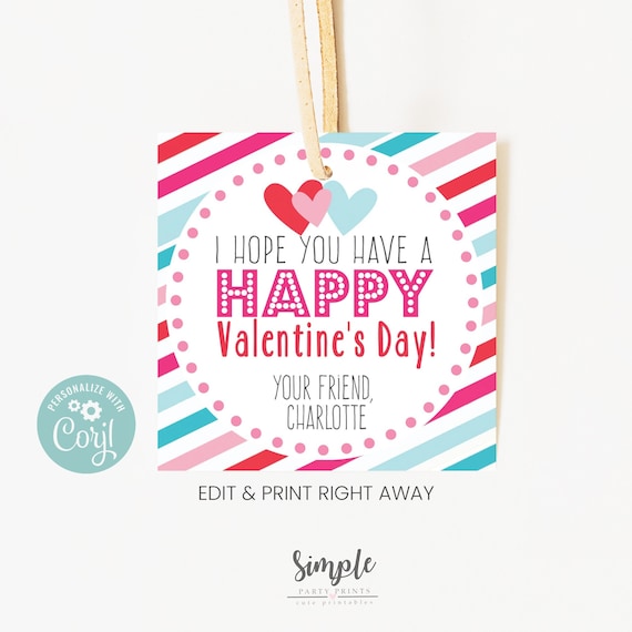 Printable Valentine's Day Kids Cards, Valentines Day Treat Bag Tags For Classroom Parties, Editable With Corjl, Instant Download Favor Tag Il_570xn