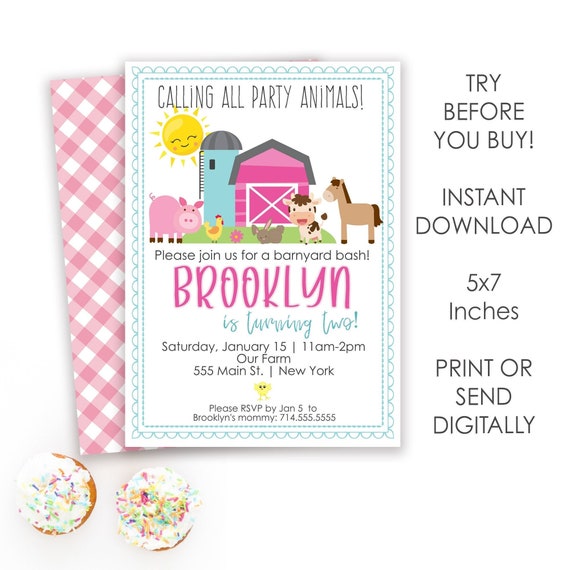 Girl Barnyard Birthday Party Invitations, Petting Zoo Birthday Invite ...