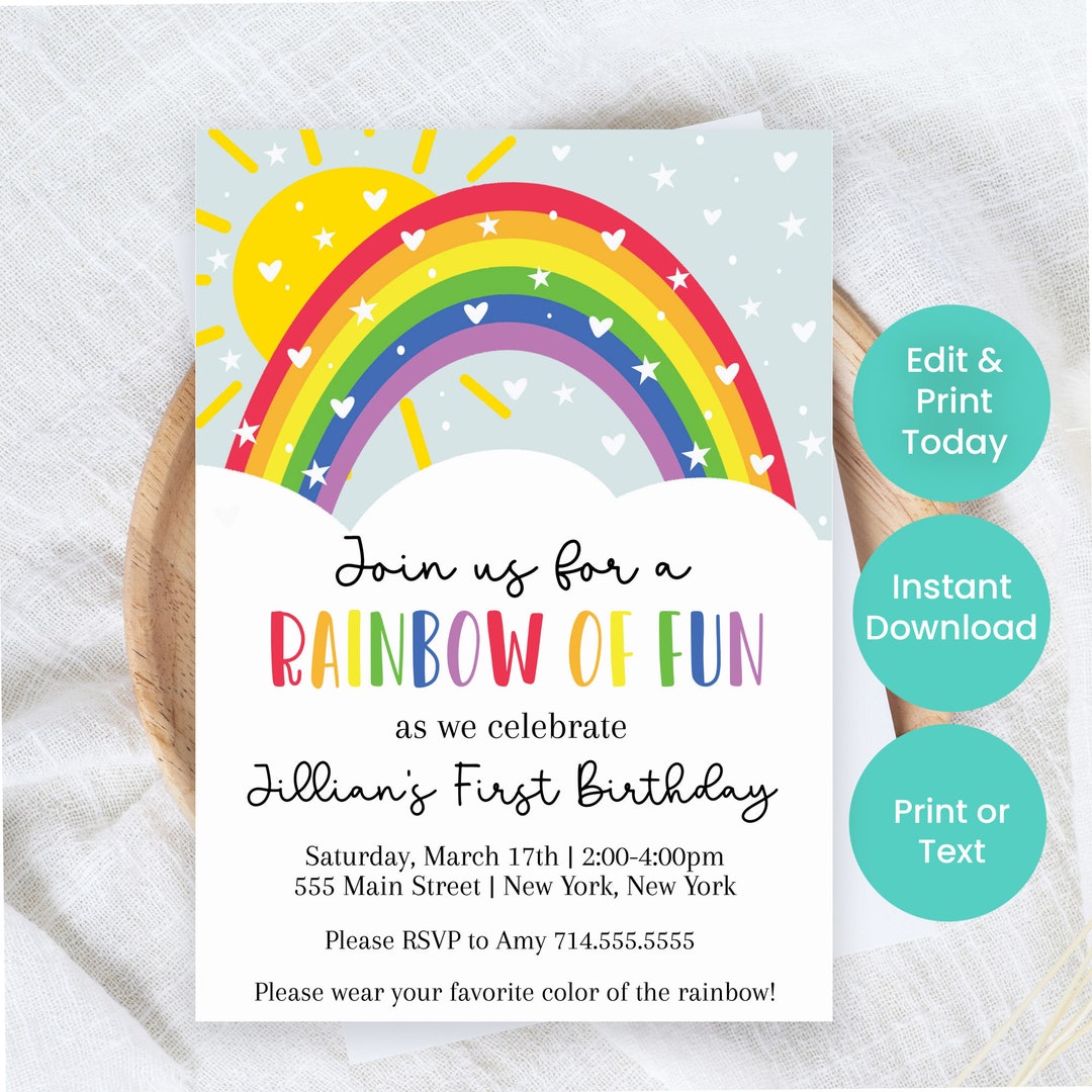 Rainbow Birthday Party Invitations | Girl Birthday Invite | Editable ...