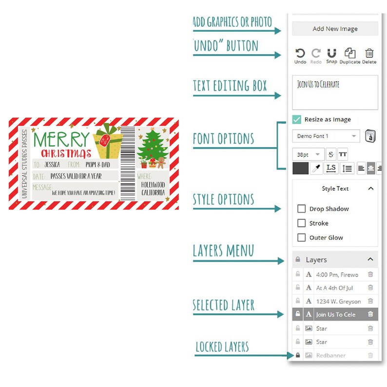 May include: A red and white striped ticket with the words "Merry Christmas" in gold lettering. The ticket has a red ribbon and a gold star. The ticket is for Universal Studios Hollywood and is valid for a year. The ticket is a digital design template that can be customized with text and images.