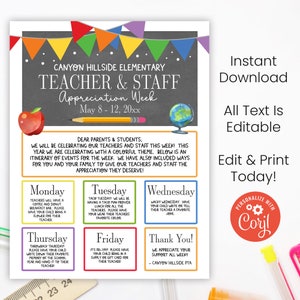 May include: A printable teacher appreciation week schedule with a colorful theme. The schedule includes a daily activity for each day of the week, from Monday to Friday, with a thank you message at the bottom. The text is editable and the design is personalized with the name "Coril".