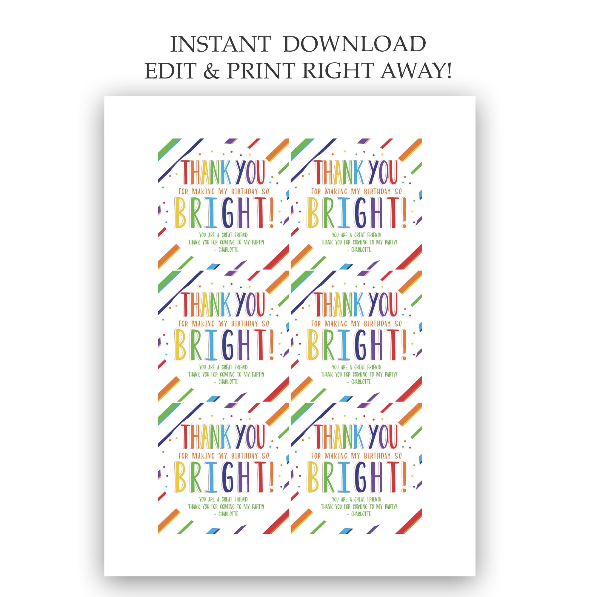 Printable Birthday Rainbow Thank You Favor Tags, Gift Ideas for ...