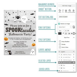 May include: A Halloween party invitation with a grey background and spooky illustrations. The invitation includes text that reads "Please join us for a SPOOKtacular Halloween Party!" with event details.