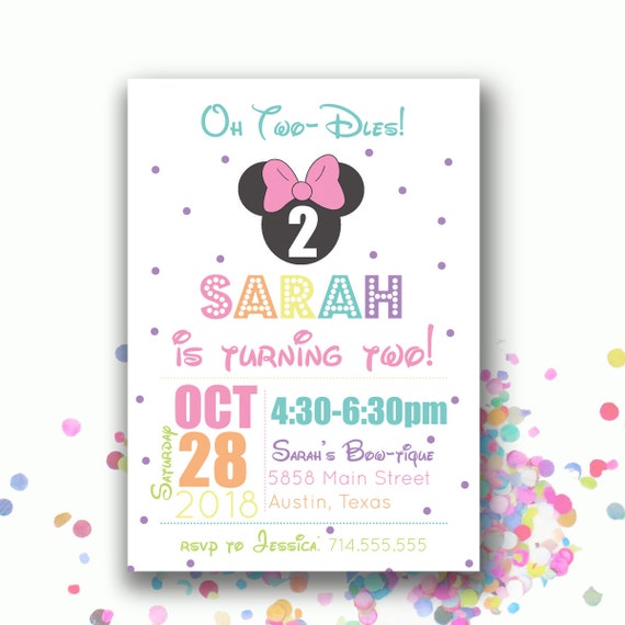 Minnie Mouse Birthday Invitations | Lavender Teal Girls Party Invitation | Black Pink | Oh Two-dles | Pastel Colors | First Second Birthday Il_570xn