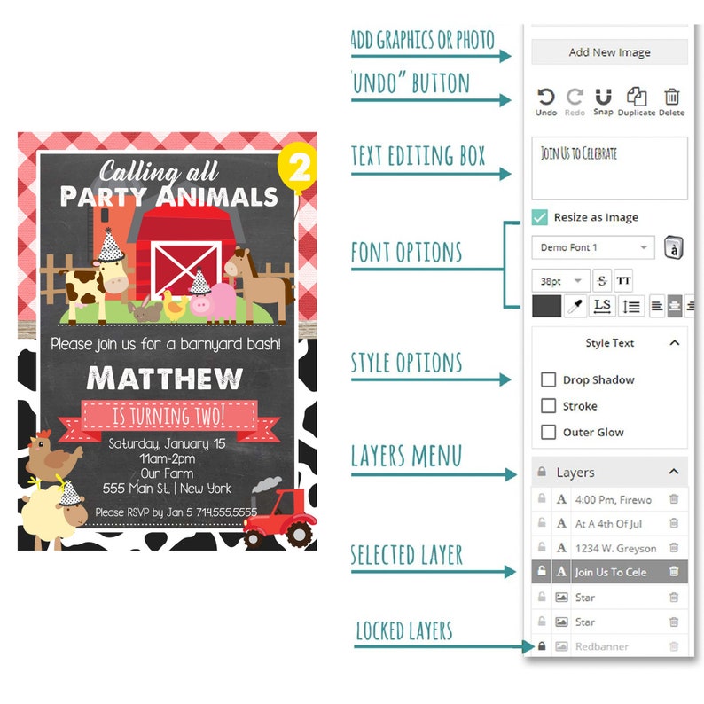 May include: A children's birthday party invitation with a farmyard theme. The design includes a red barn, farm animals, and the text "Calling all PARTY ANIMALS". The invitation includes the name "MATTHEW" and event details.