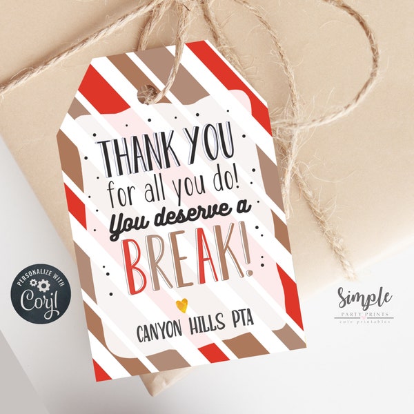 Printable Kit Kat Thank You Tags, Appreciation Tags for Teachers Volunteers and Staff, Kitkat Tags, Candy Bar Tags, Editable With Corjl