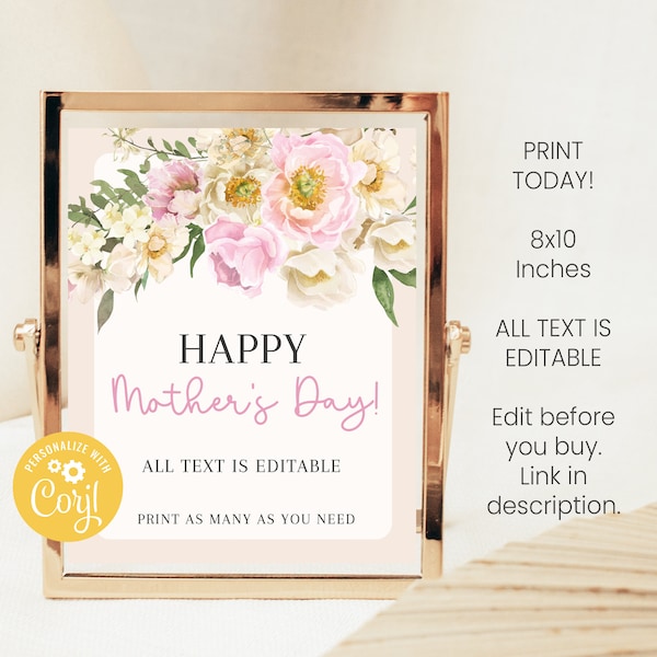 Printable Mother's Day Brunch Sign With Flowers, Editable Mother's Day Blank Template, Cute Ideas for Friends and Family, Edit in Corjl, DIY