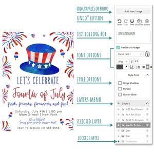 May include: A digital design template for a Fourth of July party invitation. The design features a watercolor illustration of a red, white, and blue top hat with fireworks and ice cream cones. The text reads "Let's Celebrate Fourth of July, food, friends, fireworks and fun!" and includes details for the party, such as the date, time, and location.