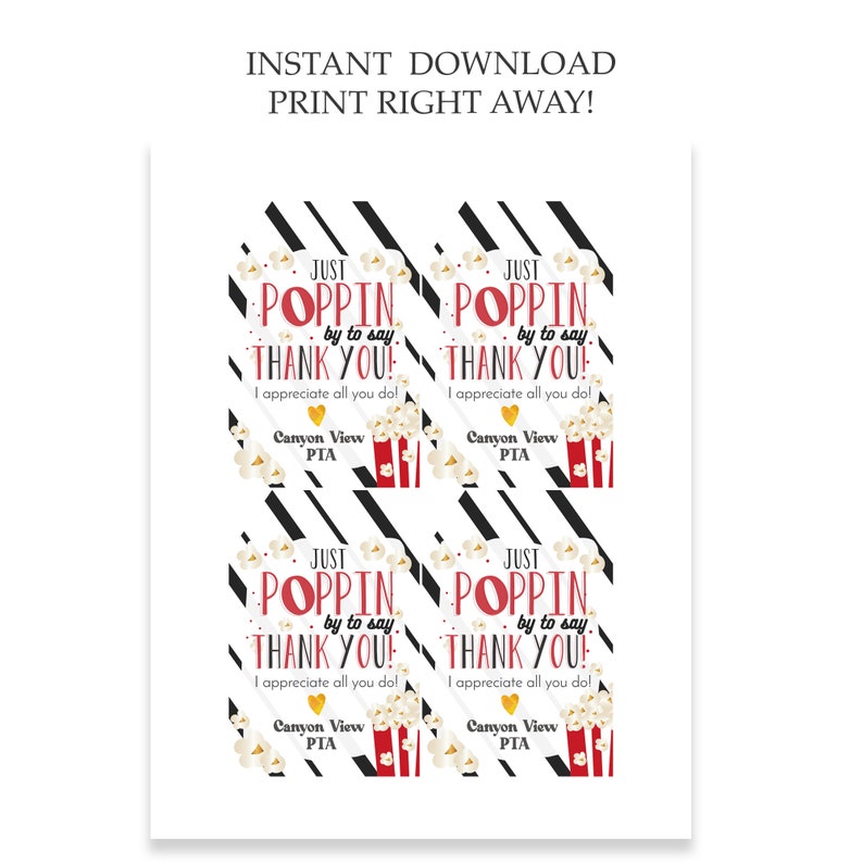 Printable Popcorn Thank You Tag, Appreciation Gift Ideas for Coworkers ...