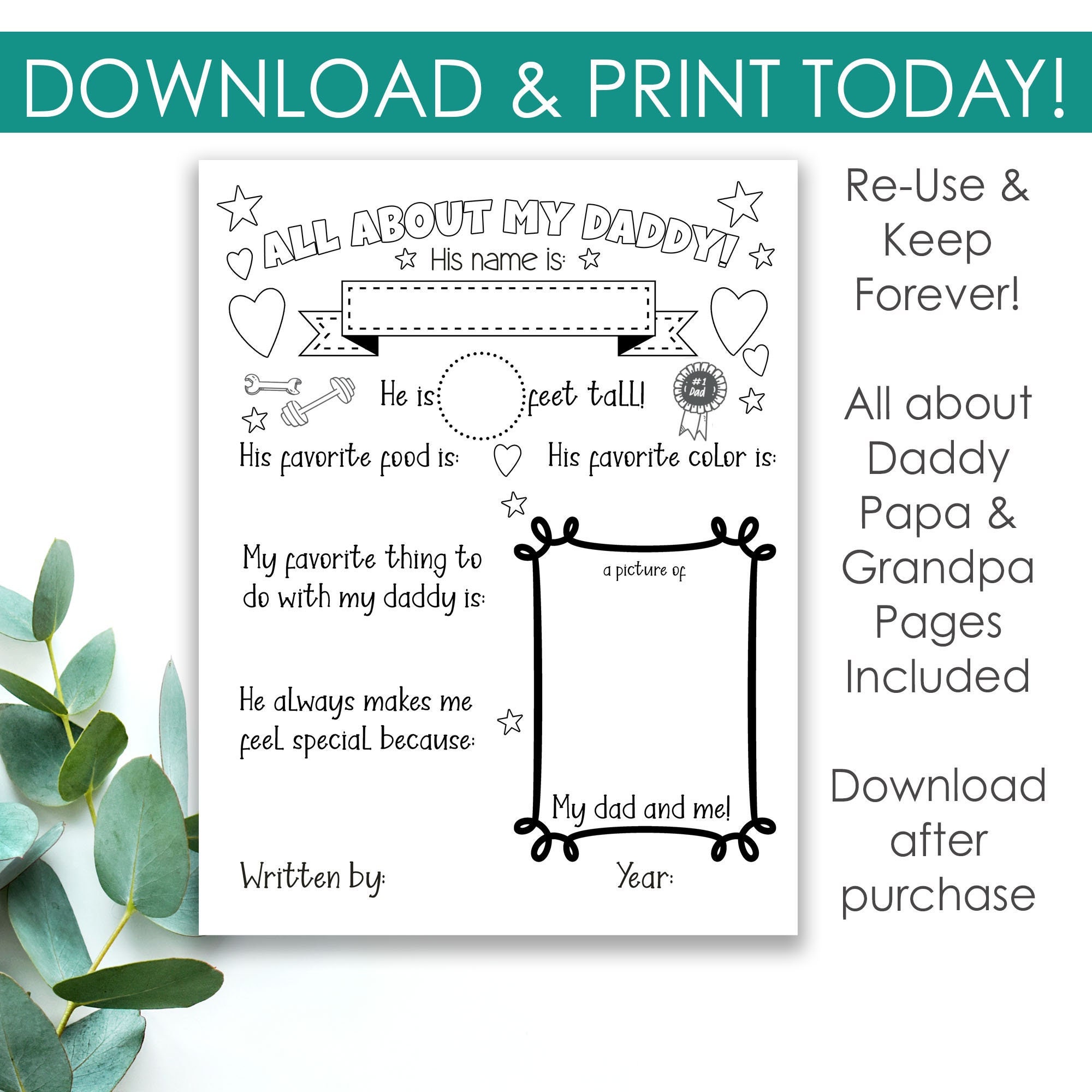 Printable All About Dad Coloring Page, Gifts From Kids for Father's Day ...