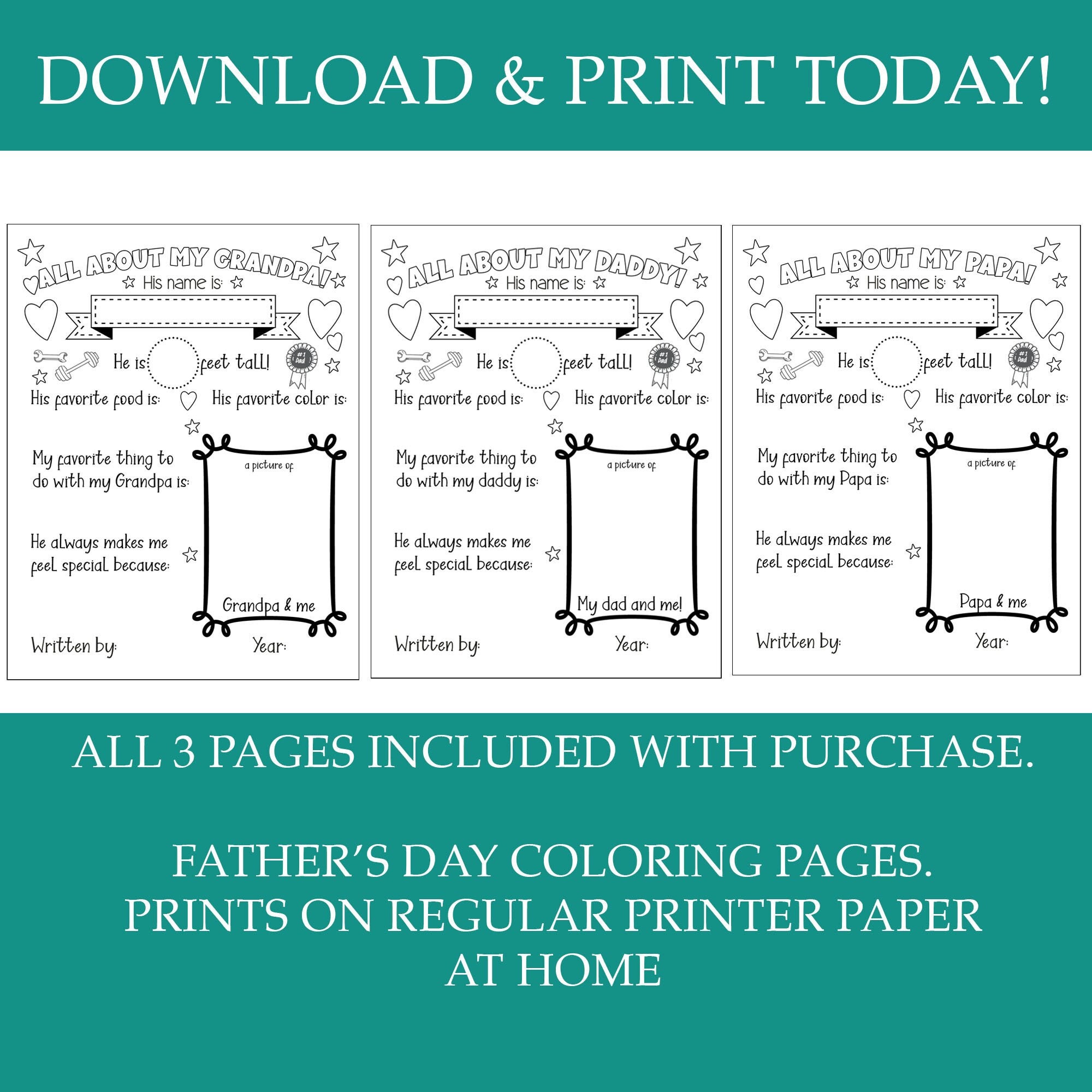 Printable All About Dad Coloring Page, Gifts From Kids for Father's Day ...