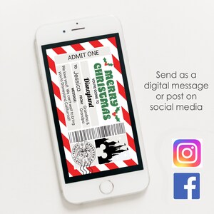 May include: A red and white striped ticket with a green and white "Merry Christmas" banner. The ticket says "You're going to Disneyland" and has a message that says "We love you!! We can't wait to bring you to Disneyland California!!" The ticket is on a white smartphone screen. The text "Send as a digital message or post on social media" is below the phone. There are icons for Instagram and Facebook below the text.