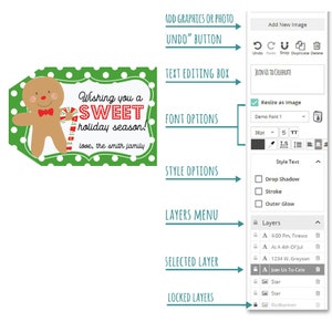 May include: A green and red Christmas gift tag with a gingerbread man illustration and the text "Wishing you a SWEET holiday season! love, the smith family". The tag is shown in a digital design program with options for editing text, font, style, and layers.