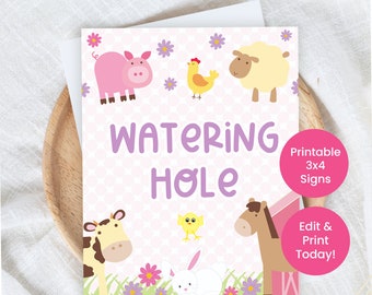 Petting Zoo Animal Birthday Party Sign | Editable Pink Farm Barnyard 3x4 Template | Kid Barnyard Party Decorations | Instant Download