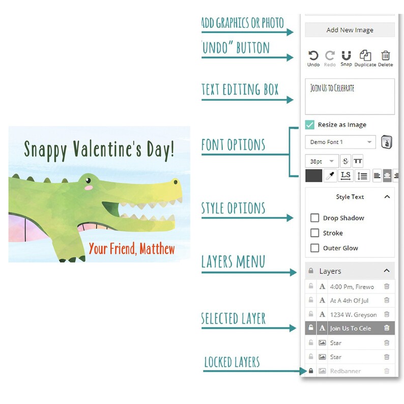 May include: A digital design tool with a green alligator illustration on a blue background. The text "Snappy Valentine's Day!" and "Your Friend, Matthew" are on the image. The design tool has options for adding graphics, text, and layers.
