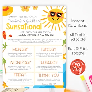 Printable Sunsational Teacher Appreciation Flyer TAW Instructions, Beach Themed Handout Editable with Corjl Instant Download Print Today