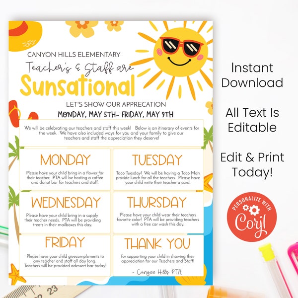 Printable Sunsational Teacher Appreciation Flyer TAW Instructions, Beach Themed Handout Editable with Corjl Instant Download Print Today