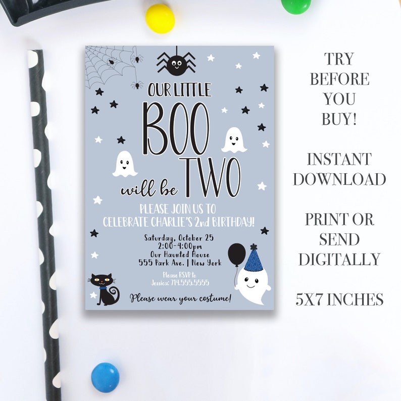 Editable Halloween Birthday Invitation, 2nd Birthday Party, Boo is Two, Printable Boys Blue Birthday Bash Invite, Costume Party, DIY image 2