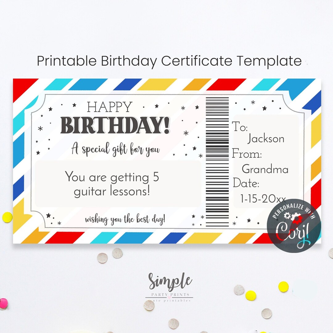 Printable Birthday Gift Certificate Template, Editable Bday Voucher ...