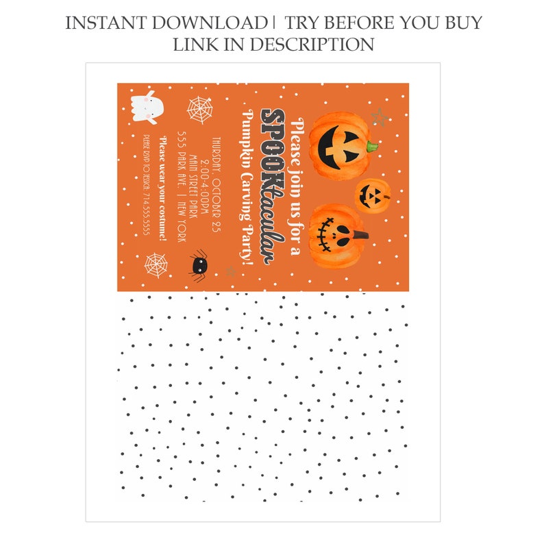 Pu&ograve; includere: Un invito arancione con il tema di una festa di intaglio di zucche. La carta presenta una zucca di cartone animato con una faccia spettrale e il testo "Please join us for a SPOOKtacular Pumpkin Carving Party!" La carta include anche la data, l'ora e il luogo della festa.