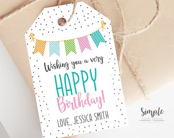 Printable Happy Birthday Tag, Editable Cute Colorful Gift Label, Custom Gift Ideas for Friends & Family, Personalized Last Minute Favors