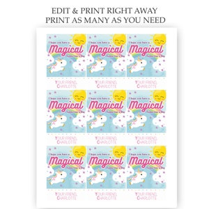 May include: Nine printable Valentine's Day cards featuring a unicorn with a rainbow and the text "I hope you have a Magical Valentine's Day". Each card also includes the text "Your Friend, Charlotte".