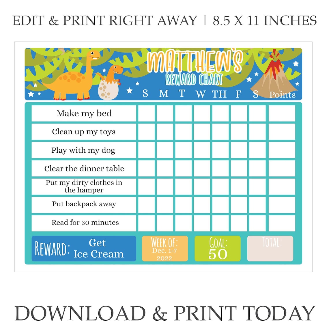 Kids Reward Chart - Printable Chore Charts for Children - Editable ...