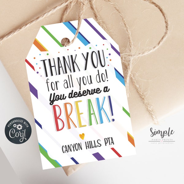 Printable Kit Kat Thank You Tags, Appreciation Tags for Teachers Volunteers and Staff, Kitkat Tags, Candy Bar Tags, Editable With Corjl