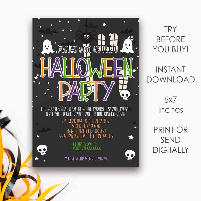 May include: A black and white Halloween party invitation with green, orange, and purple text. The invitation says "Please join us for a Halloween Party". It also includes the date, time, and location of the party. The invitation is decorated with ghosts, bats, and skulls.