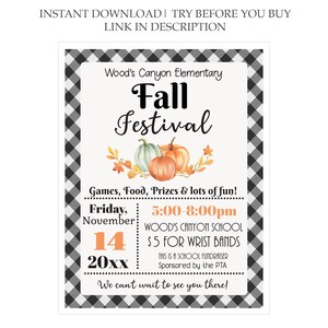 May include: A black and white checkered background with a white rectangle in the center. The rectangle has text that reads "Wood's Canyon Elementary Fall Festival" with a picture of pumpkins and fall leaves. The text below the title reads "Games, Food, Prizes & lots of fun! Friday, November 14 20xx 5:00-8:00pm WOOD'S CANYON SCHOOL $5 FOR WRIST BANDS THIS IS A SCHOOL FUNDRAISER Sponsored by the PTA We can't wait to see you there!"
