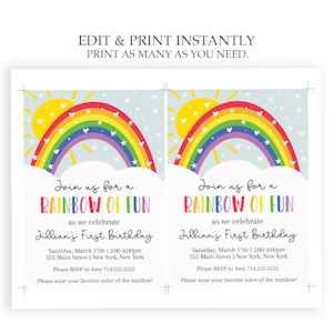 Rainbow Birthday Party Invitations | Girl Birthday Invite | Editable ...
