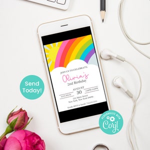 May include: A colorful rainbow birthday invitation with a sun and clouds. The invitation is for Olivia's 2nd birthday party on August 30th from 1:00 PM to 3:00 PM. The party will be held at 555 Main Street, New York, New York 09890. RSVP to Sarah at 714.555.5555.
