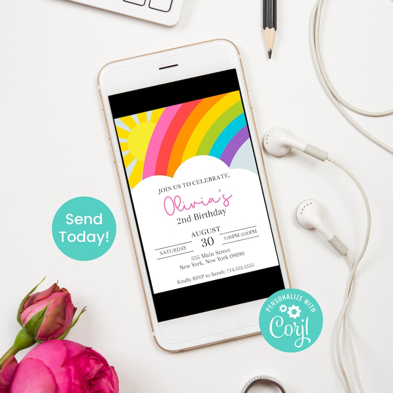 May include: A colorful rainbow birthday invitation with a sun and clouds. The invitation is for Olivia's 2nd birthday party on August 30th from 1:00 PM to 3:00 PM. The party will be held at 555 Main Street, New York, New York 09890. RSVP to Sarah at 714.555.5555.