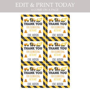 May include: Six printable thank you cards with a construction theme. Each card features a yellow background with black stripes, a small image of construction vehicles, and the text "Thank You for Celebrating with Me! Love, Hudson".