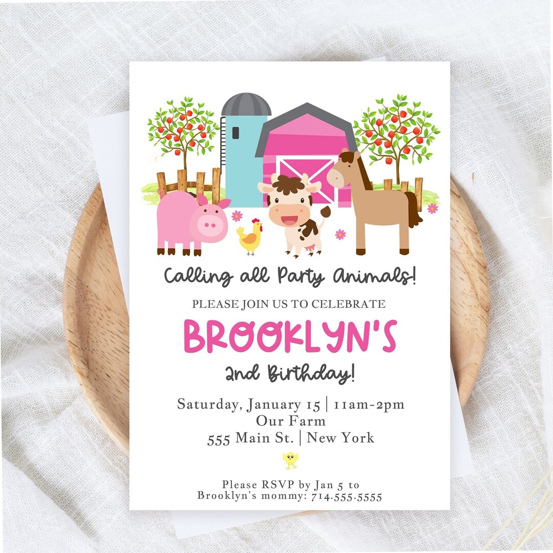 Editable Farm Animals Birthday Party Invitation Pink Girl Farm Barnyard ...