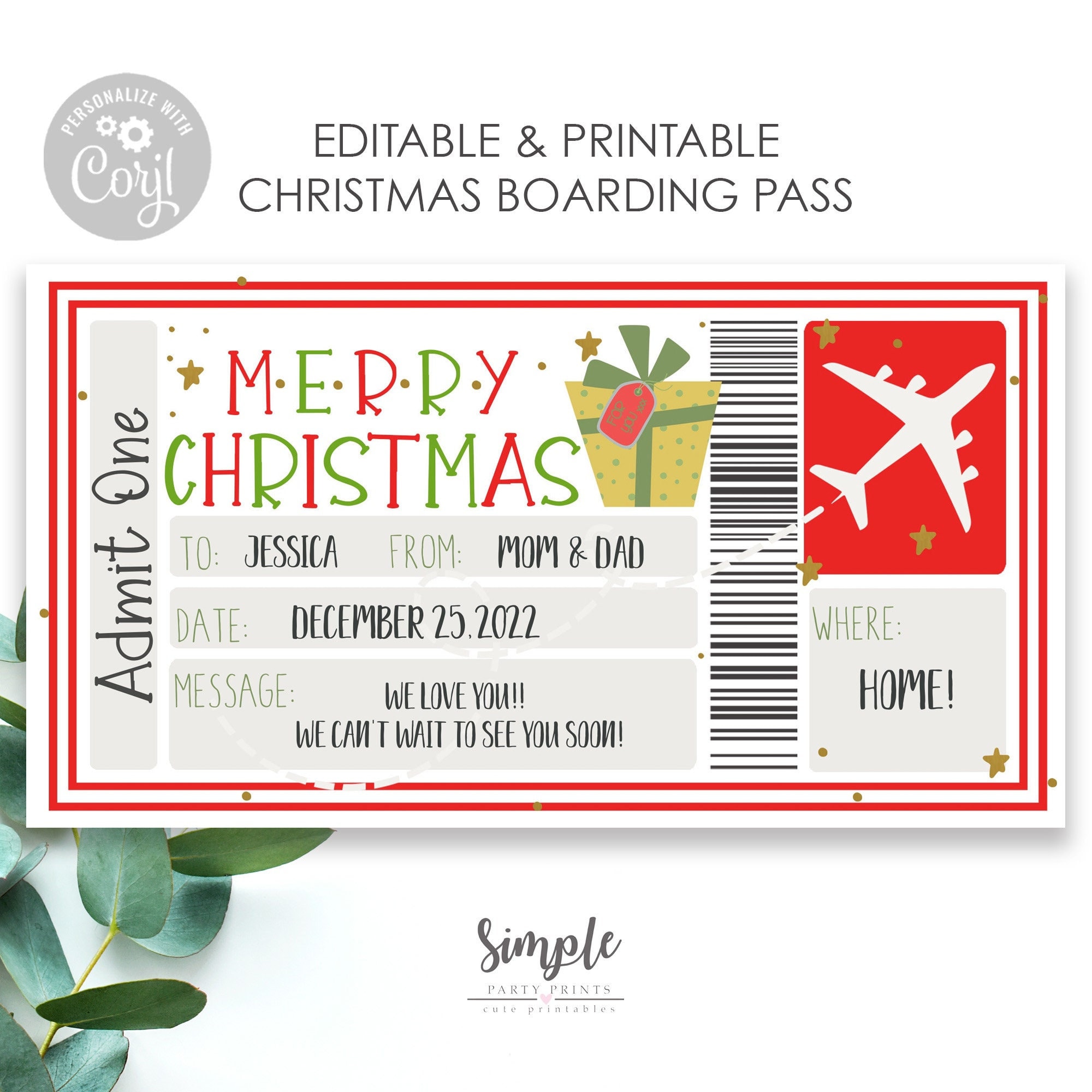 printable christmas boarding pass template, surprise trip, plane