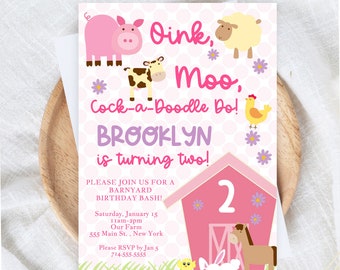 Farm Animals Birthday Party Invitation | Editable Pink Girl Farm Barnyard 1st Birthday Party | Animals 1st Birthday Party Instant Download
